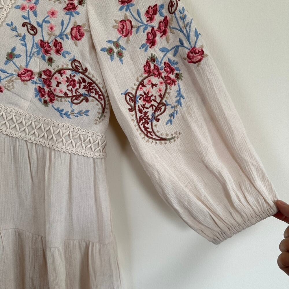 Audrey Parks Francescas Boho Norah Dress XS Floral Embroidered A Line 3/4 Sleeve - Picture 4 of 13